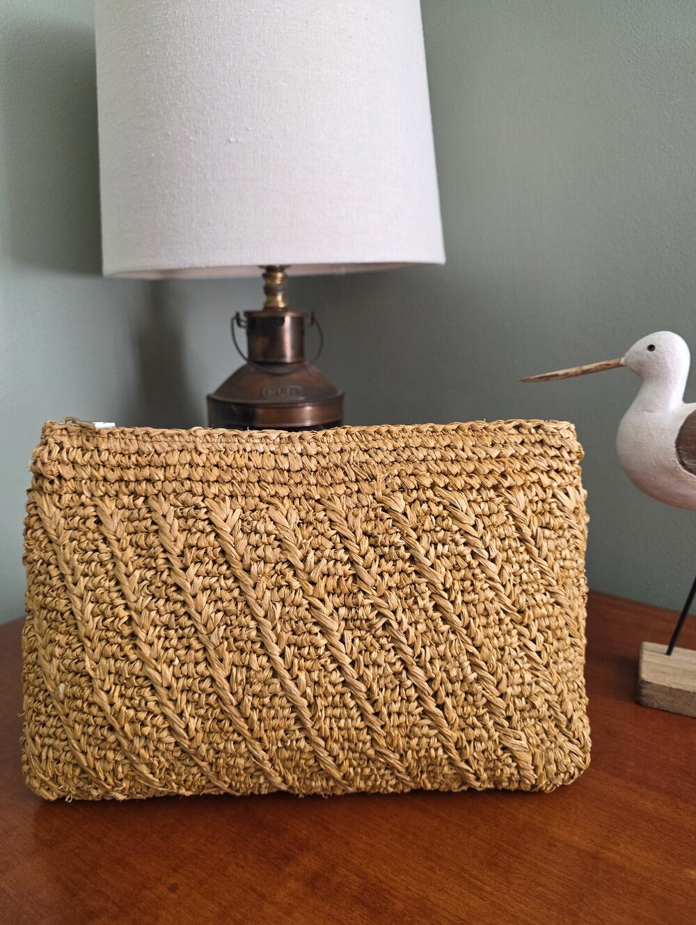 AERIN Allegra Raffia Pouch Tan Woven Chevron Clutch Bag